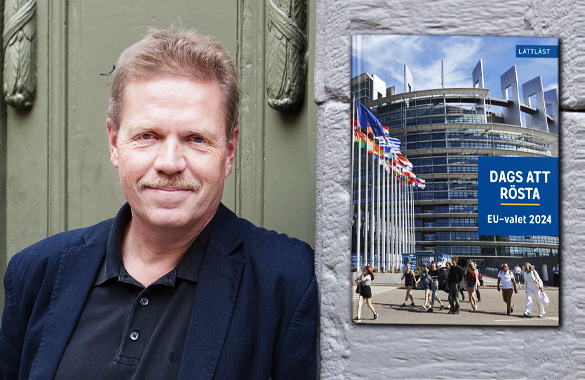 Författaren Bengt Fredrikson står lutad mot en vägg. I boken är omslaget till boken inklippt, på omslaget ser man EU-parlamentet i Bryssel. Människor rör sig i bilden och flera europeeiska flaggor vajar i vinden.