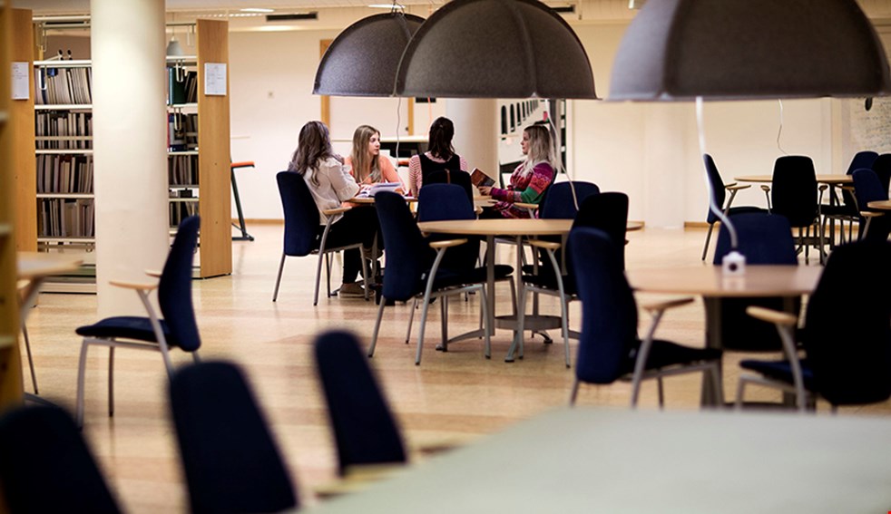 En grupp studenter sitter vid ett runt bord i ett bibliotek.