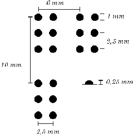 Bild på punktskriftens mått inom och mellan celler och mellan rader. 