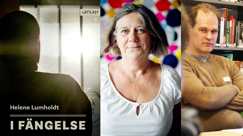 Ett collage bestående av tre bilder. Från vänster: omslagsbilden till I fängelse, ett porträtt av Helene Lumholdt som har en vit tröja och ett foto av Thomas Öhnell som har armarna i kors över bröstet.