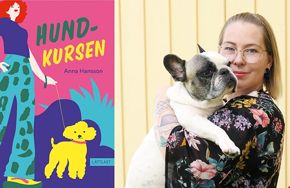 Omslaget till boken hundkursen som visar en tjej i färgglada kläder som är ute och går med en gul hund. Bredvid finns en bild på författaren. Hon håller en hund i famnen.