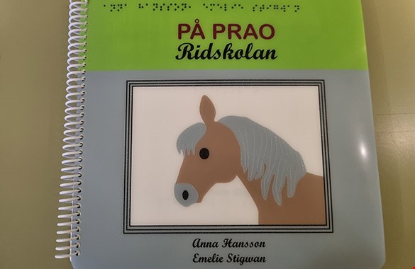 Omslag till boken På prao. Ridskolan. En brun häst med grå man syns mot en vit bakgrund.