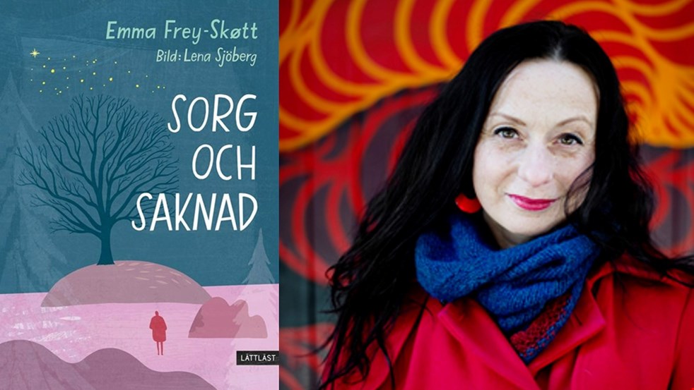 Bokomslaget Sorg och saknad (en liten tecknad figur sedd bakifrån går mot ett träd utan blad) . Foto på Emma Frey-Skøtt taget av Anna Svanberg.