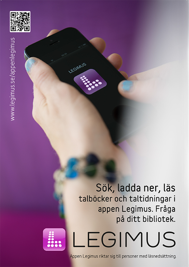 Affisch med hand som håller i en mobiltelefon med appen Legimus logotyp.